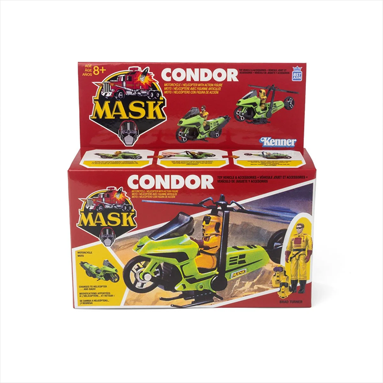 M.A.S.K. Condor vehicle and Brad Turner figure playset by Loyal Subjects with motorcycle and helicopter modes on retro packaging