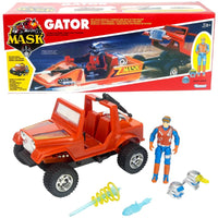 Vintage M A S K Gator red off road vehicle with action figure, packaging, and accessories
