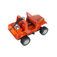 Orange off road toy vehicle with open cabin, black tires, and mounted equipment