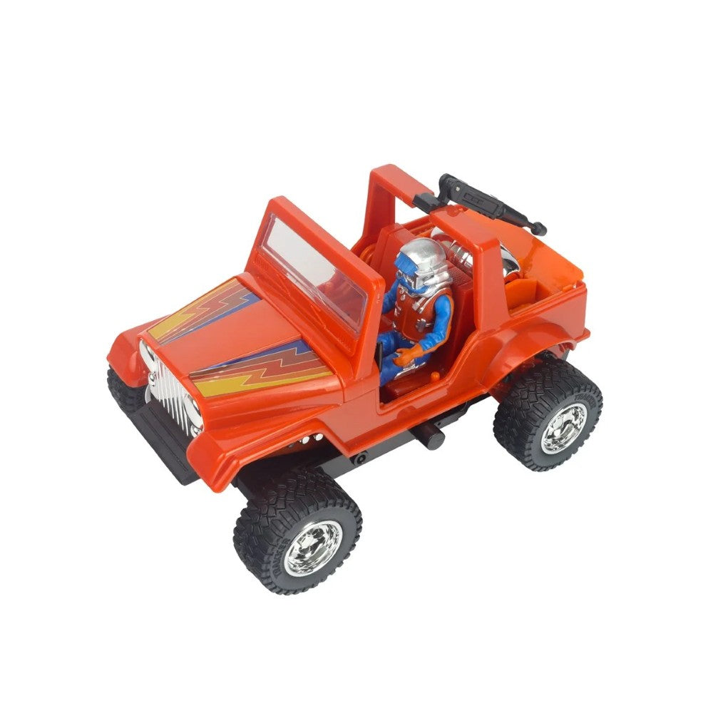 Red off road toy jeep with a blue suited helmeted figure and black accessory mounted behind the seats