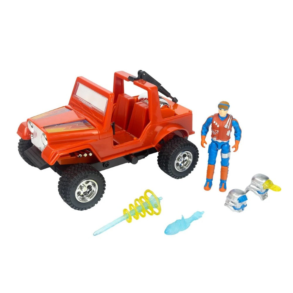 Red toy jeep with a blue and orange action figure and assorted accessories
