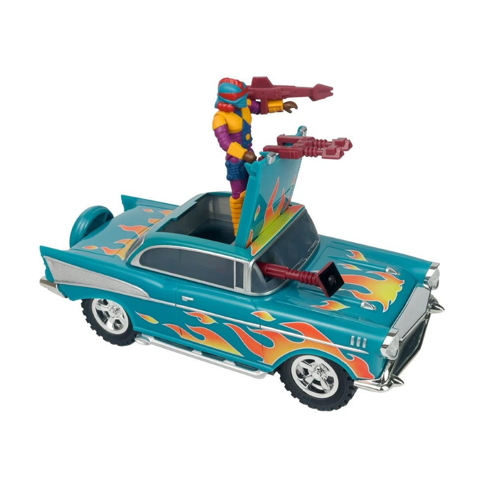 Turquoise vintage style car with flame decals and two colorful action figures standing through the roof