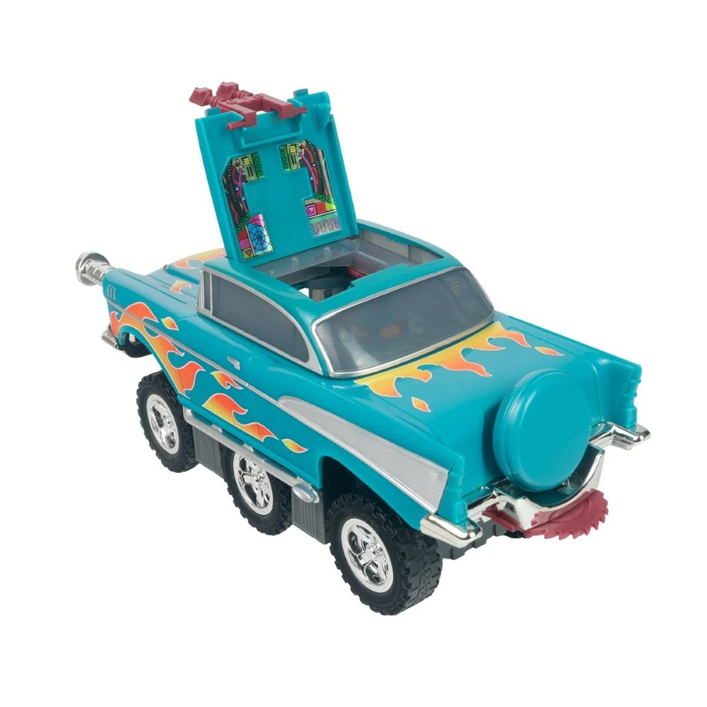Turquoise six wheeled toy truck with orange flame decals and a raised rear hatch