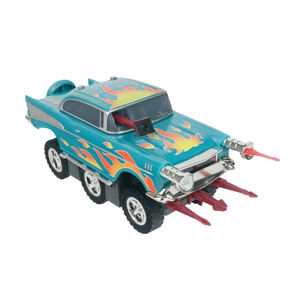 Blue vintage-style toy car with flame decals, chrome grille, rugged tires, and red front spikes