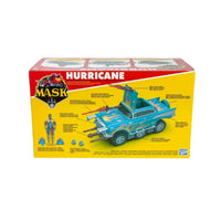 Red and yellow M.A.S.K. Hurricane packaging showing a teal vehicle and character illustrations