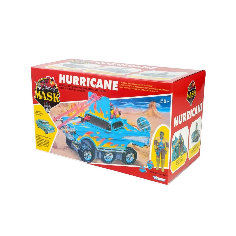 Vintage MASK Hurricane toy box featuring a blue vehicle and desert-themed playset artwork