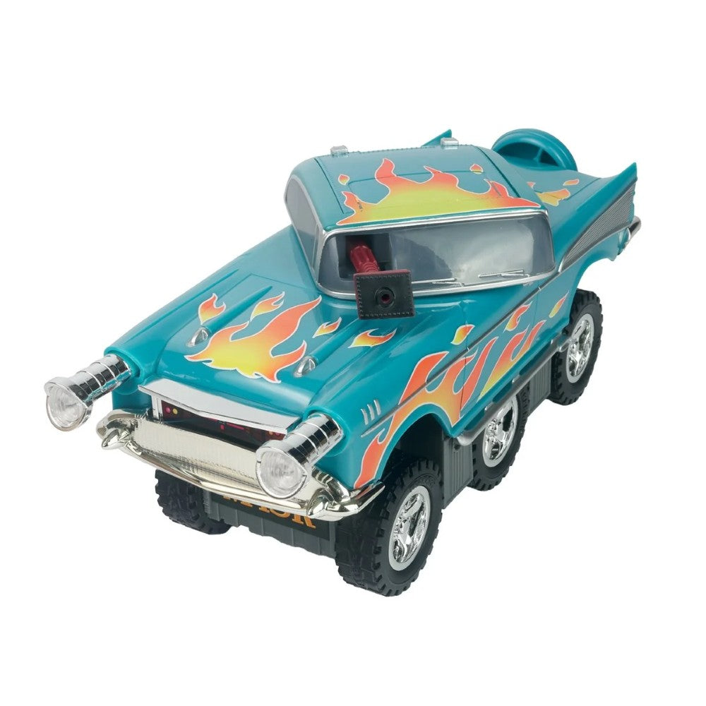 Teal vintage style toy car with colorful flame decals chrome bumpers and rugged tires
