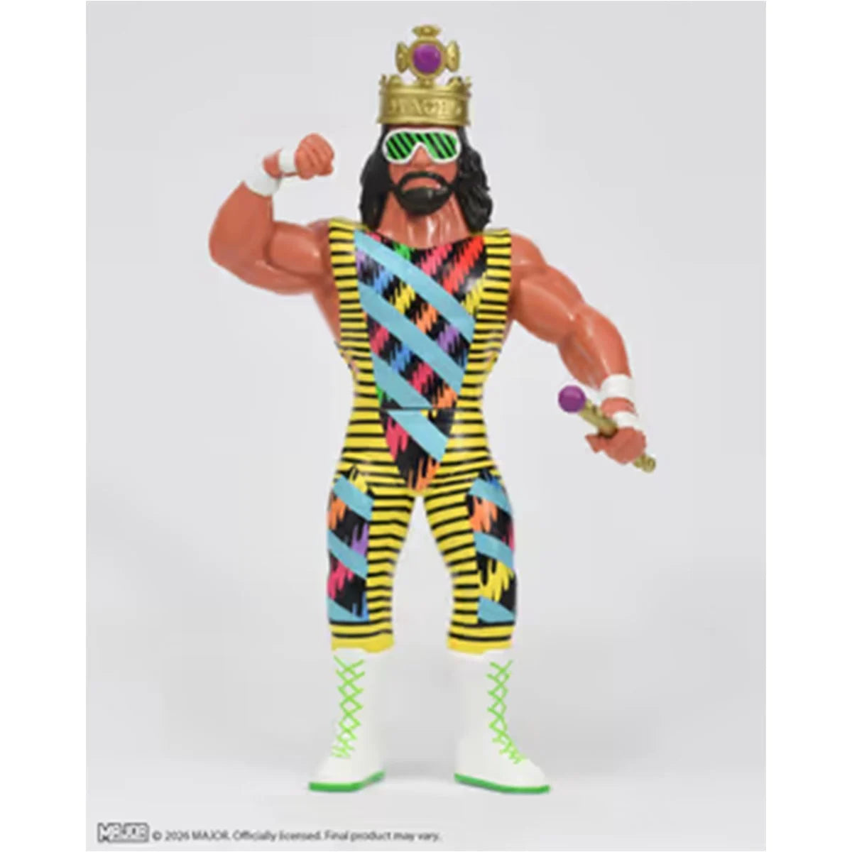 Macho King Randy Savage Major Big Rubber Guys 1:9 Scale 8-Inch Posed Wrestling Figure with crown and colorful striped attire