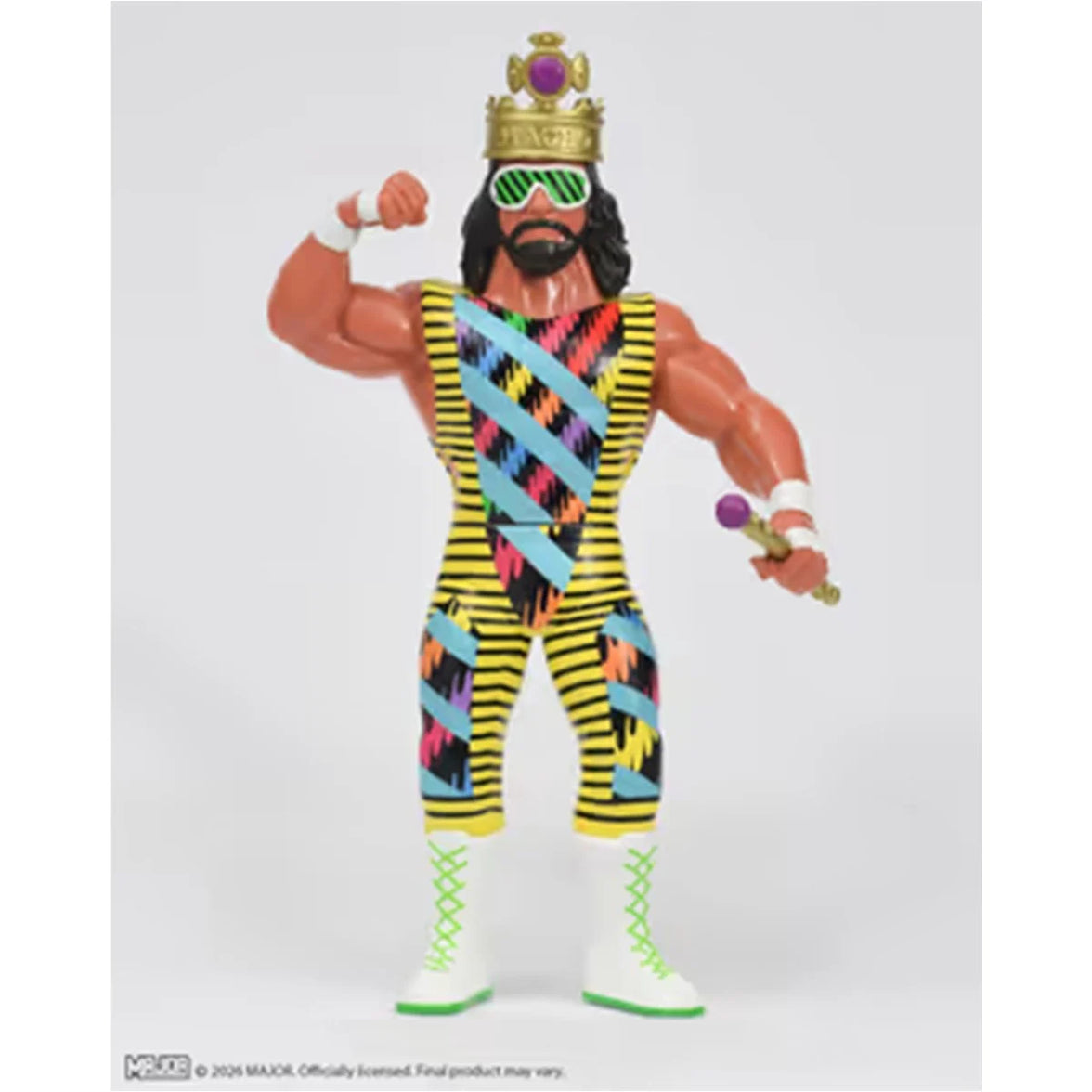 Macho King Randy Savage Major Big Rubber Guys 1:9 Scale 8-Inch Posed Wrestling Figure with crown and colorful striped attire