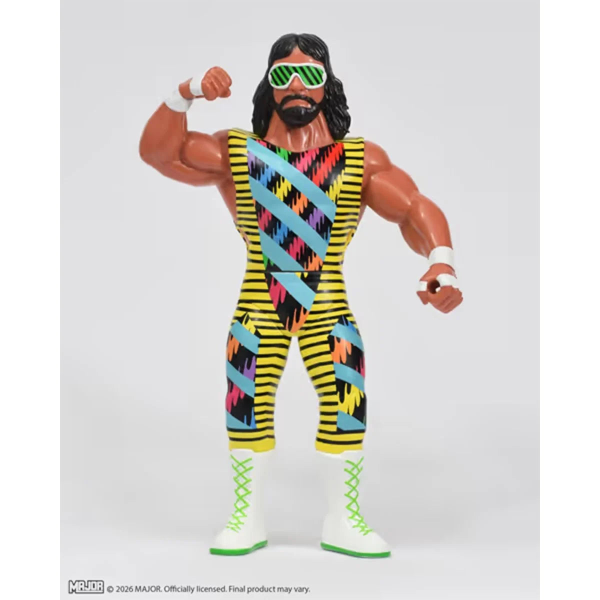 Macho King Randy Savage Major Big Rubber Guys 1:9 Scale 8-Inch Posed Wrestling Figure by Major in colorful striped attire