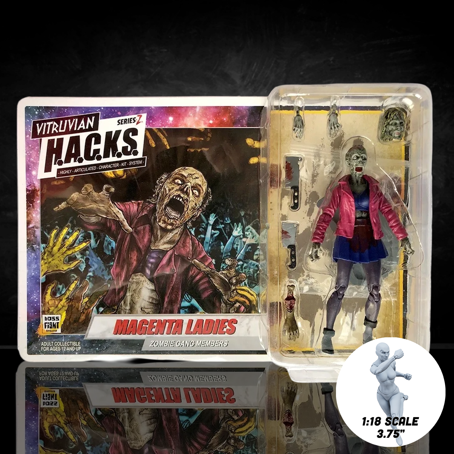 Action figure in packaging with 'Vitruvian' branding on a dark background