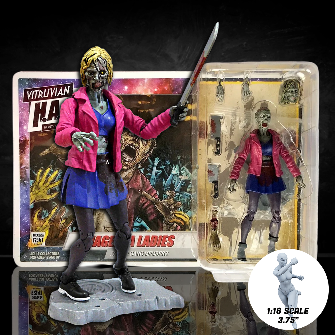 Action figure in pink jacket and blue skirt with packaging on a dark background