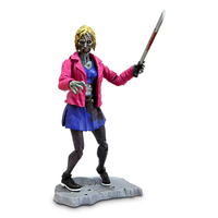 Zombie figurine in a pink jacket and blue skirt holding a sword on a white background