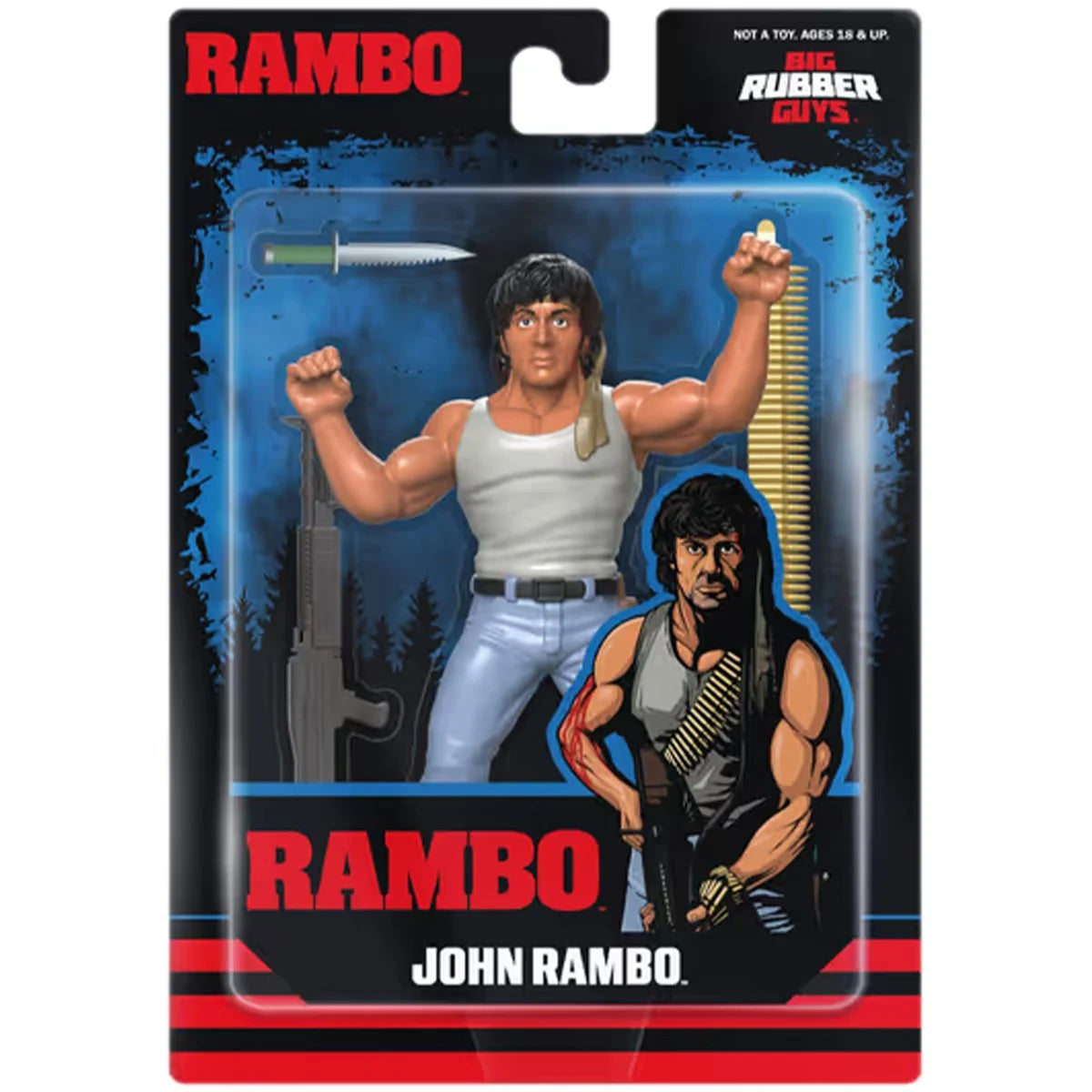 Rambo Major Big Rubber Guys 1:9 Scale 8-Inch Posed Action Figure by Major with knife and rifle accessories in packaging