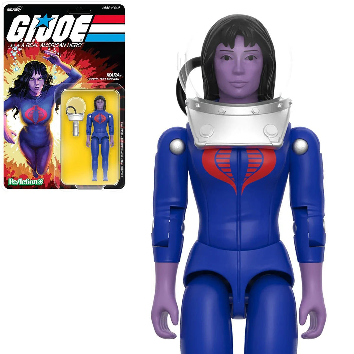 Super7 Mara Cobra Test Subject figure in blue suit with purple skin and silver collar displayed beside packaging with fiery artwork