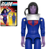 Super7 Mara Cobra Test Subject figure in blue suit with purple skin and silver collar displayed beside packaging with fiery artwork