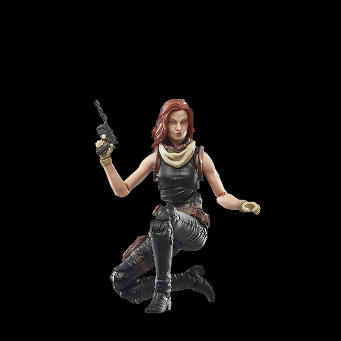 Mara Jade Star Wars Black Series action figure kneeling with blaster in hand and detailed combat outfit