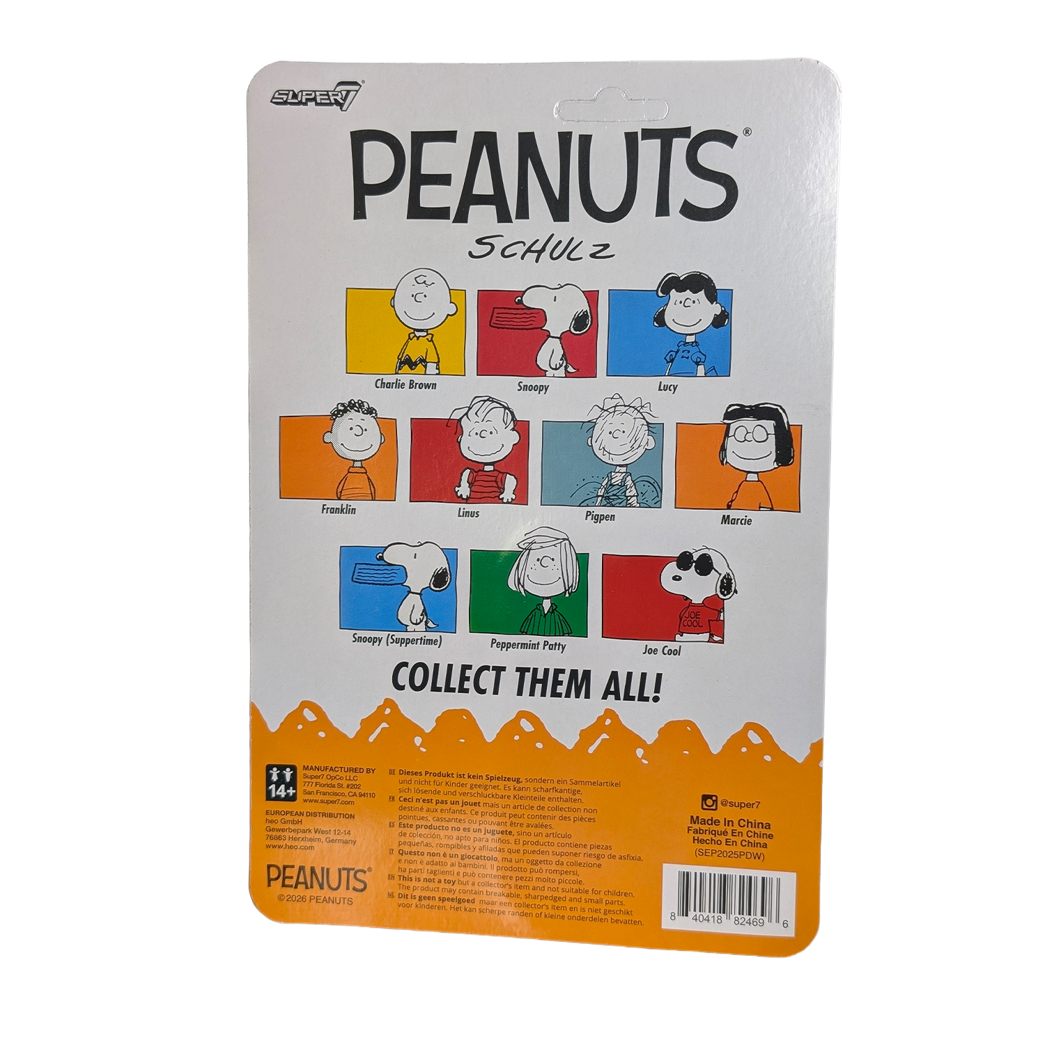 Peanuts character packaging with colorful illustrations on a white background