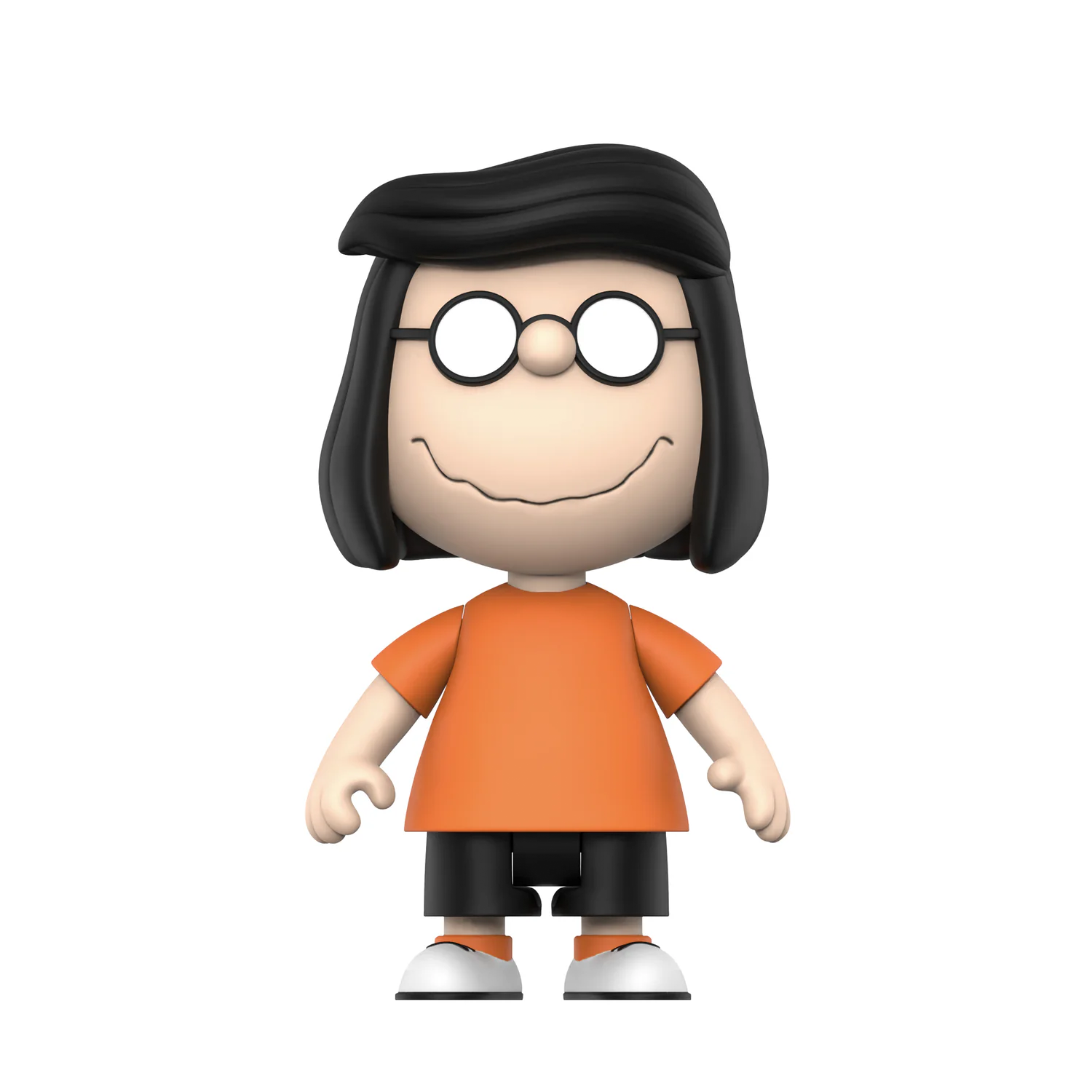 Figurine of a character with black hair, glasses, and an orange shirt on a white background