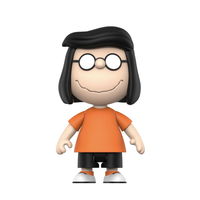 Figurine of a character with black hair, glasses, and an orange shirt on a white background