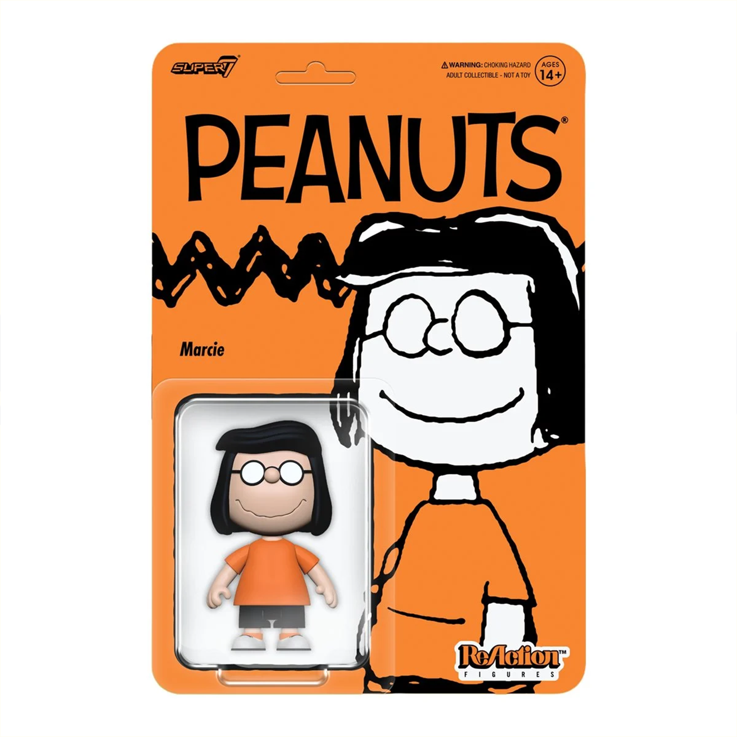 Peanuts figurine packaging with character design on an orange background