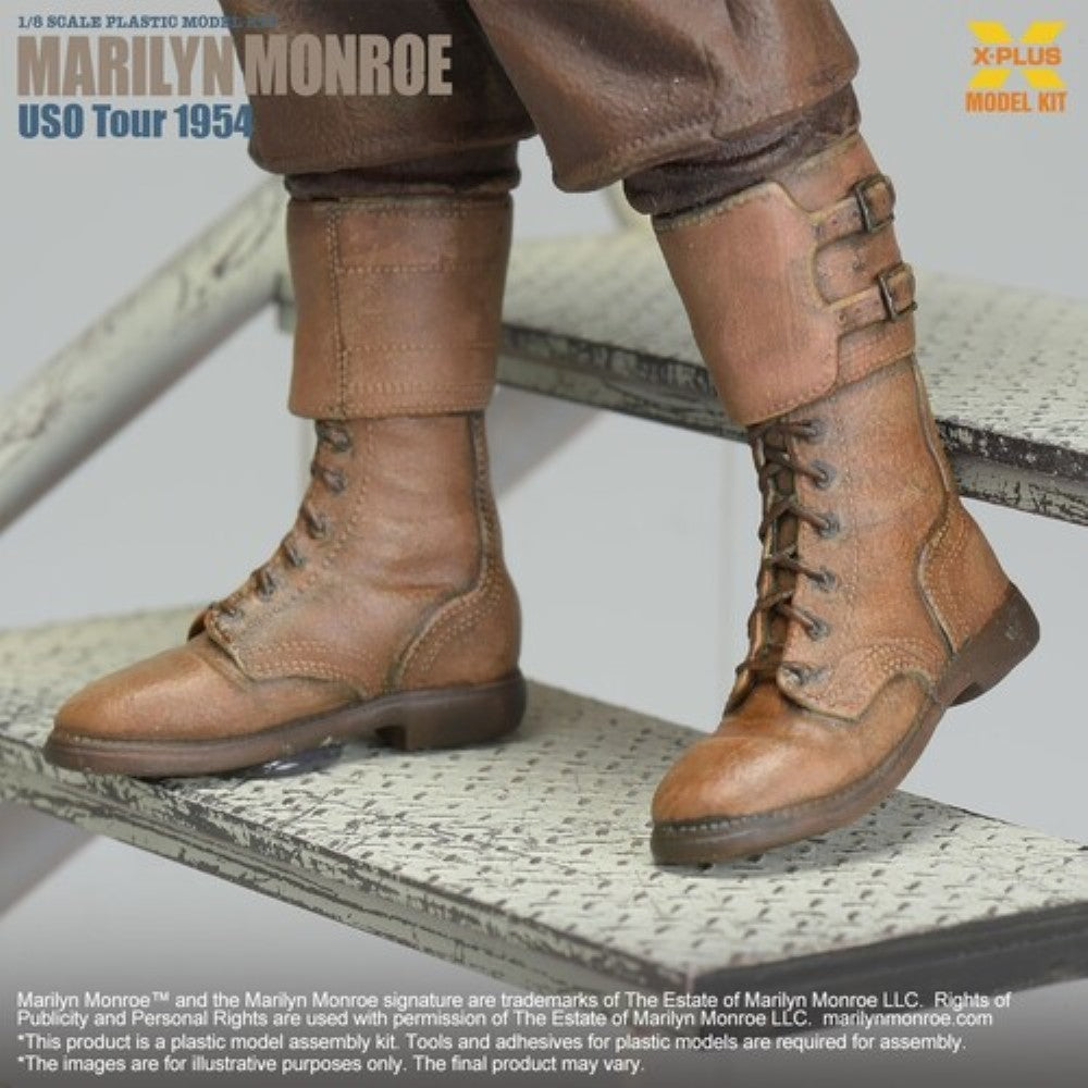 Marilyn Monroe USO Tour 1954 1/8 Scale Model Kit X-Plus detailed brown leather boots close-up on steps
