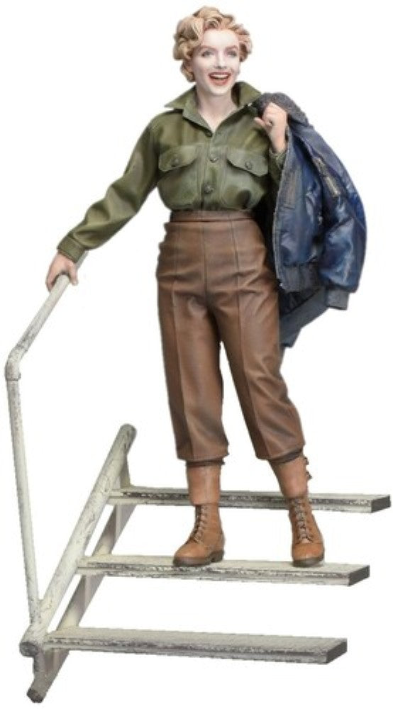 Marilyn Monroe USO Tour 1954 1/8 Scale Model Kit X-Plus figure wearing military jacket and brown pants on stairs