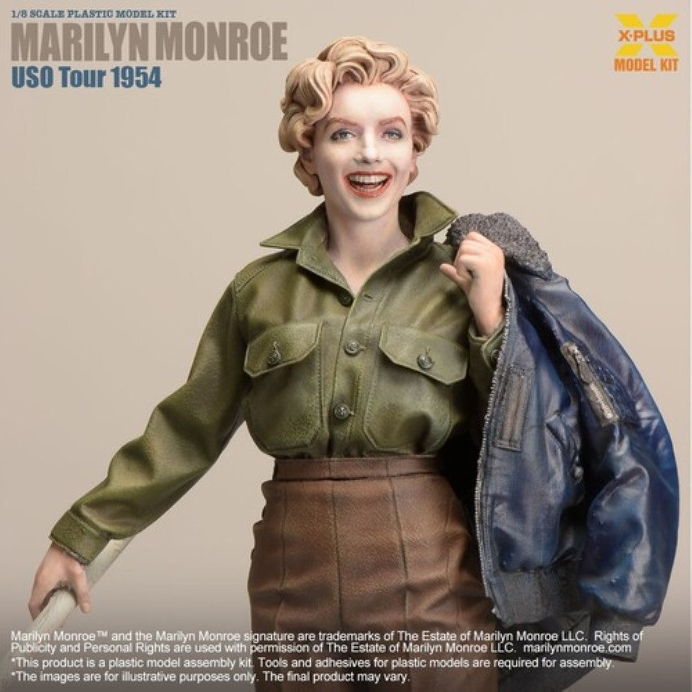 Marilyn Monroe USO Tour 1954 1/8 Scale Model Kit X-Plus figurine wearing military jacket and brown skirt.