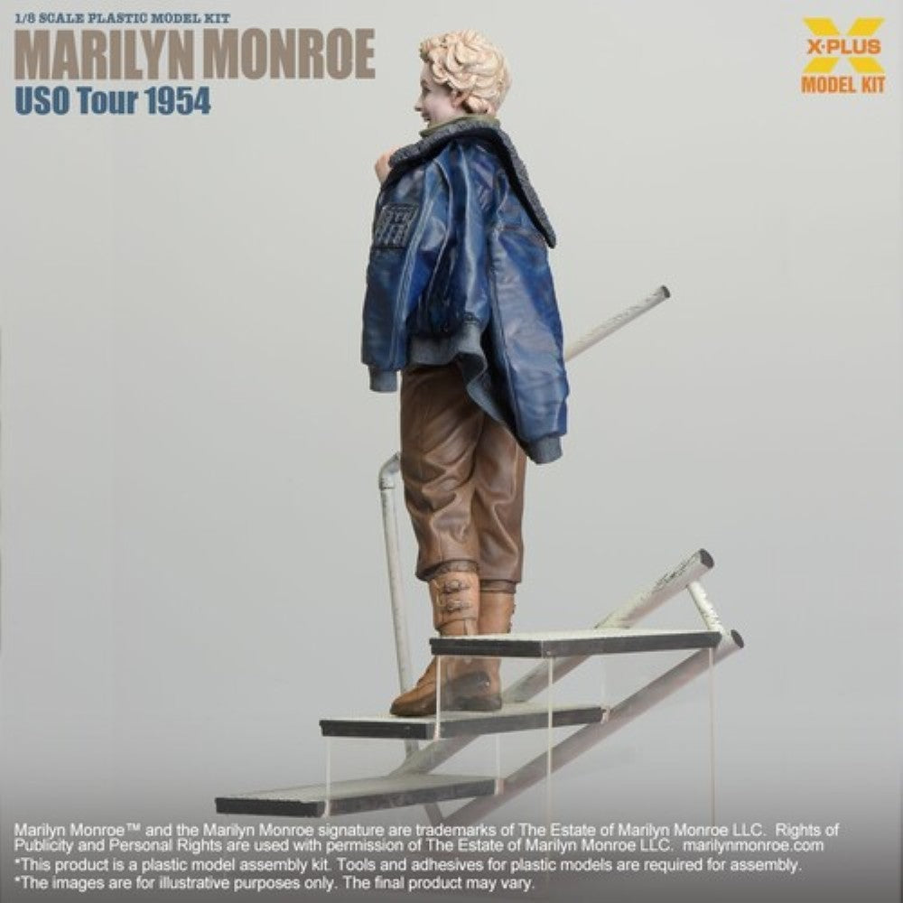 Marilyn Monroe USO Tour 1954 1/8 Scale Model Kit X-Plus showing figure in vintage military outfit on staircase