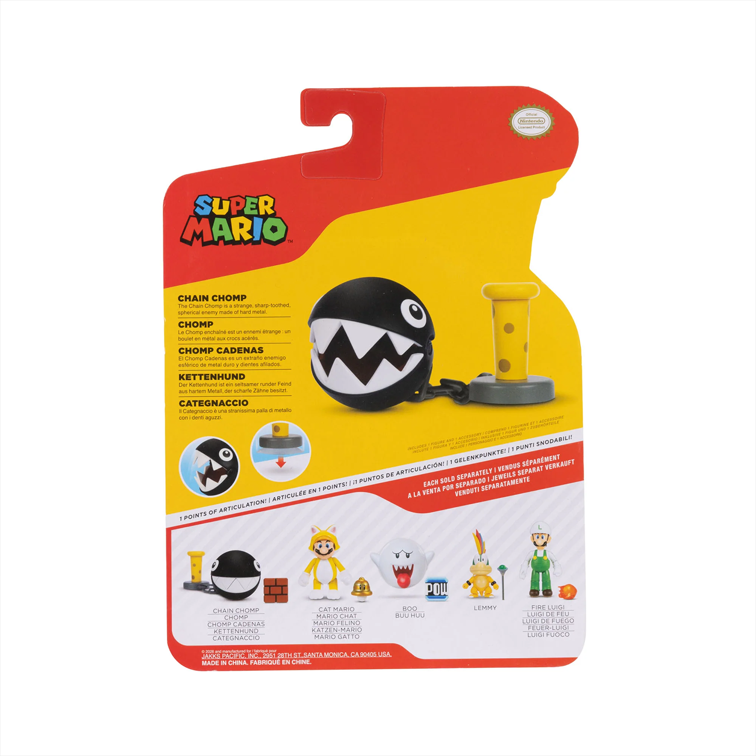 Super Mario 4-inch Chain Chomp with Block Action Figure - Wave 48 (2025) by Jakks Pacific in packaging.
