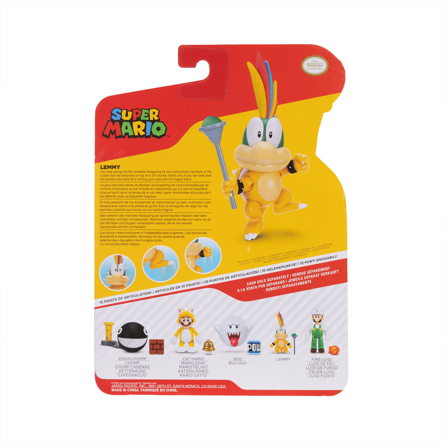 Super Mario 4-inch Lemmy with Magic Wand Action Figure - Wave 48 (2025) by Jakks Pacific packaging back view.