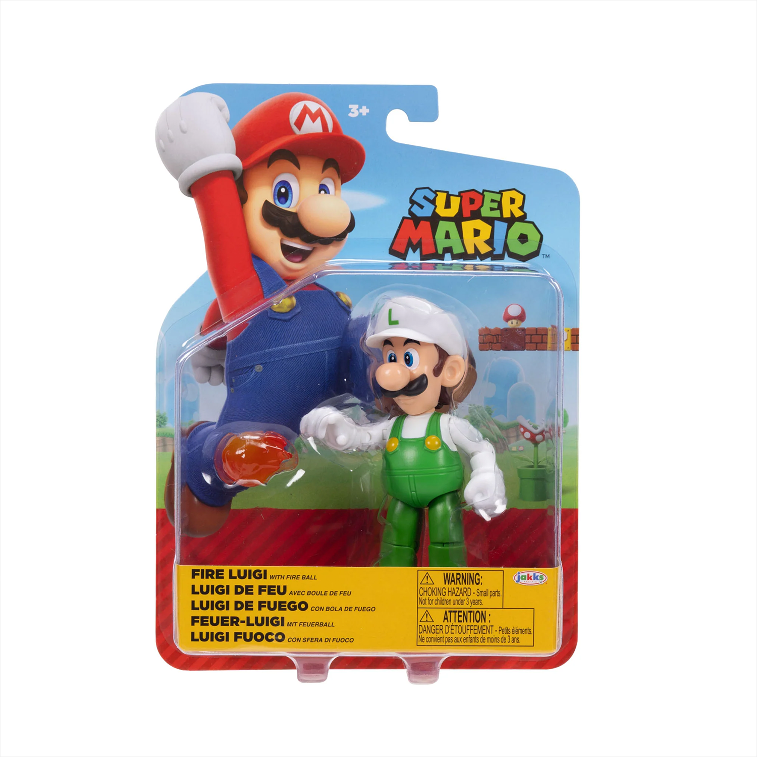 Super Mario 4-inch Fire Luigi with Fireball Action Figure - Wave 48 (2025) by Jakks Pacific in blister pack