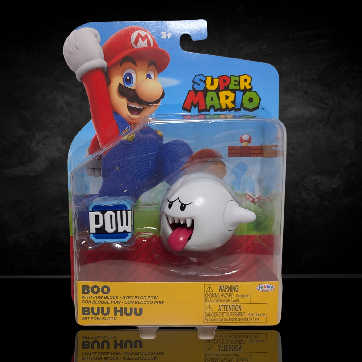 Super Mario 4-inch Boo with Pow Block Action Figure - Wave 48 (2025) by Jakks Pacific in packaging with Mario artwork.