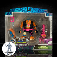 Articulated Marr Ossis dinosaur figure holding a massive pink and grey mega blaster. This 6-inch scale Spinosaurus warrior is posed dynamically, showcasing detailed reptilian scales and punk-rock inspired combat gear.