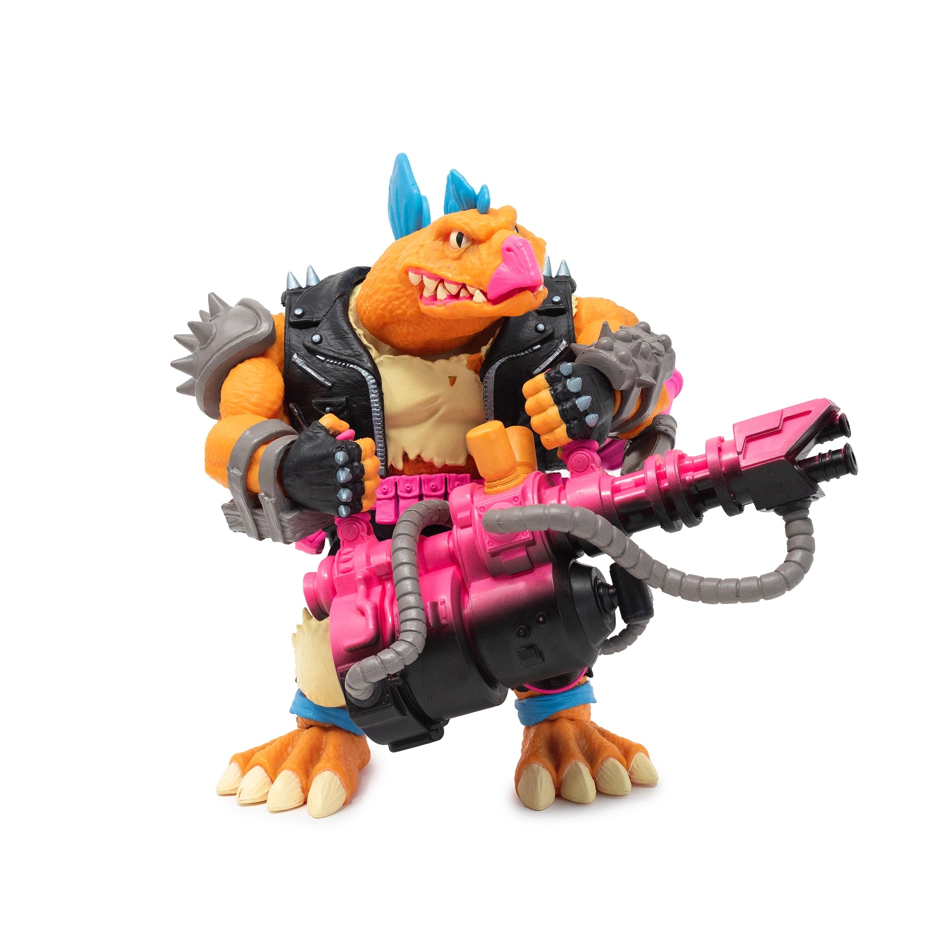 Articulated Marr Ossis dinosaur figure holding a massive pink and grey mega blaster. This 6-inch scale Spinosaurus warrior is posed dynamically, showcasing detailed reptilian scales and punk-rock inspired combat gear.