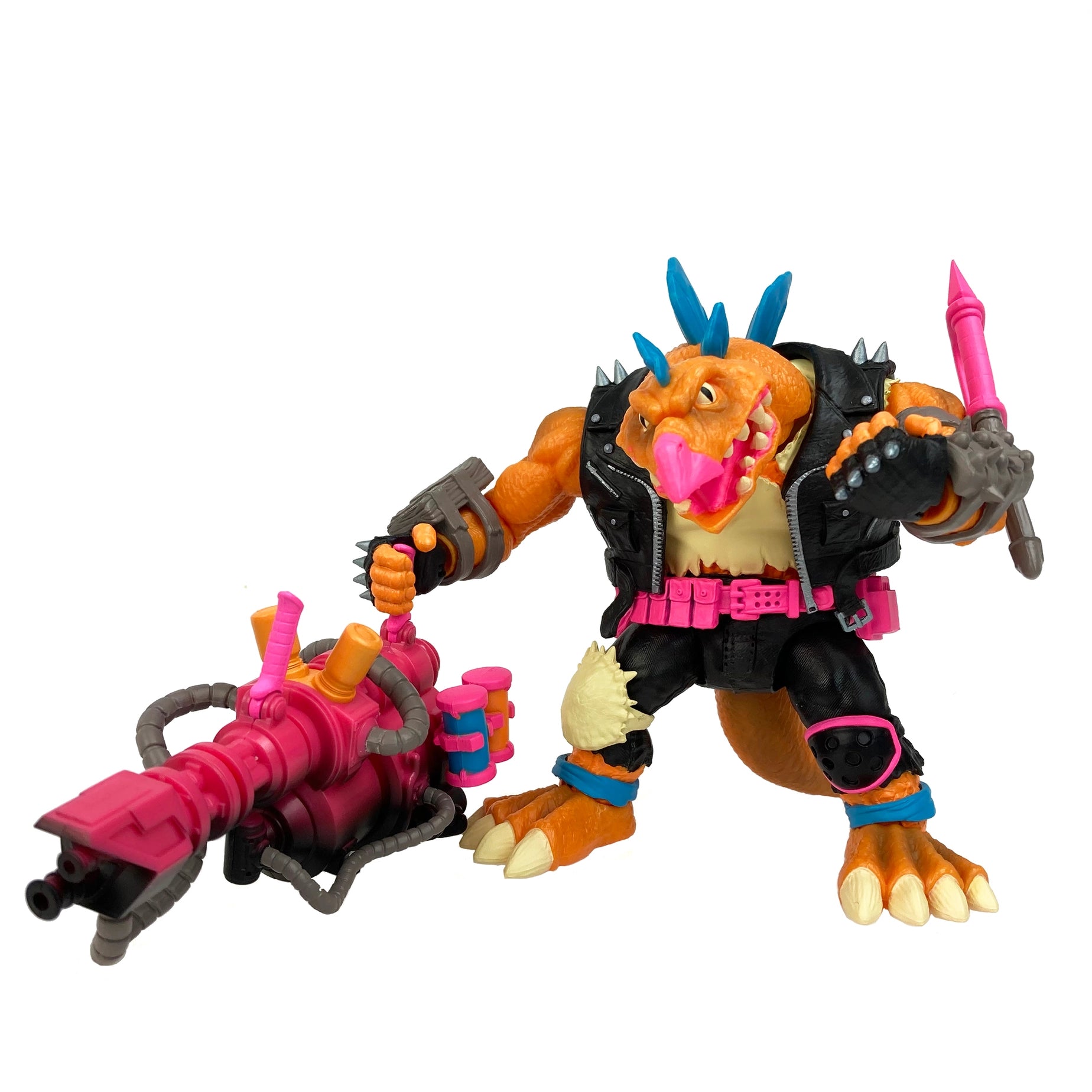 Articulated Marr Ossis dinosaur figure holding a massive pink and grey mega blaster. This 6-inch scale Spinosaurus warrior is posed dynamically, showcasing detailed reptilian scales and punk-rock inspired combat gear.