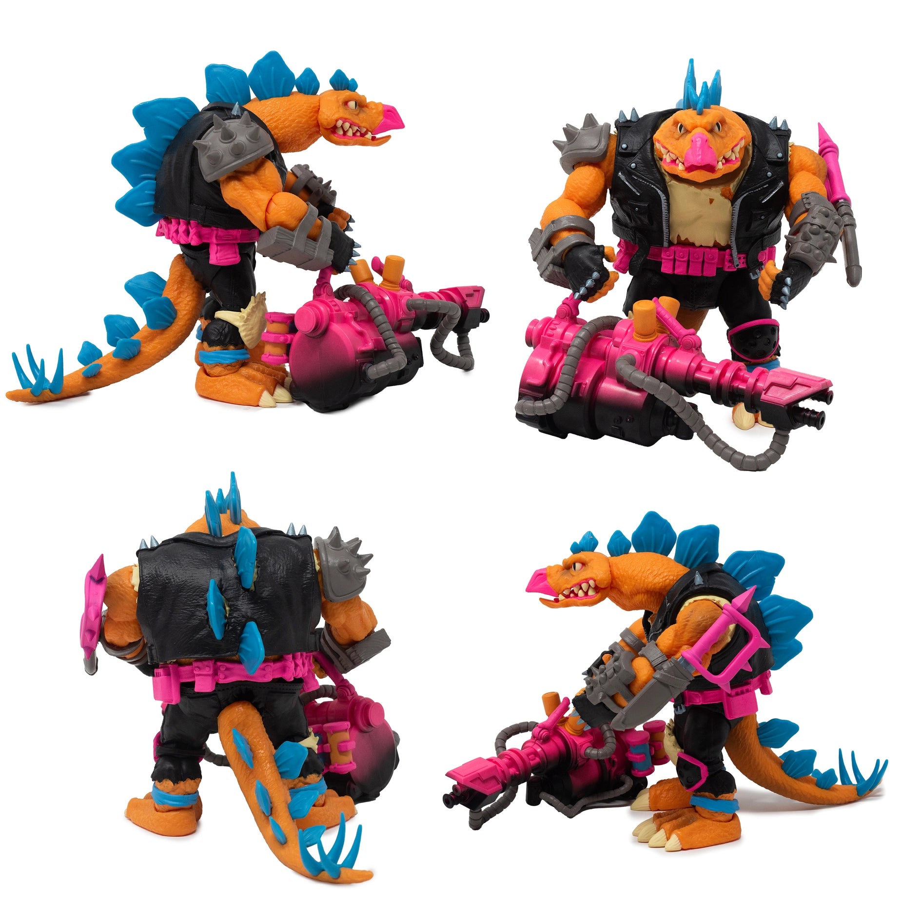 Articulated Marr Ossis dinosaur figure holding a massive pink and grey mega blaster. This 6-inch scale Spinosaurus warrior is posed dynamically, showcasing detailed reptilian scales and punk-rock inspired combat gear.
