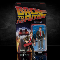 Super7 Back To The Future Marty McFly 1955 3 3/4-inch ReAction+ figure with guitar and spare figure in packaging
