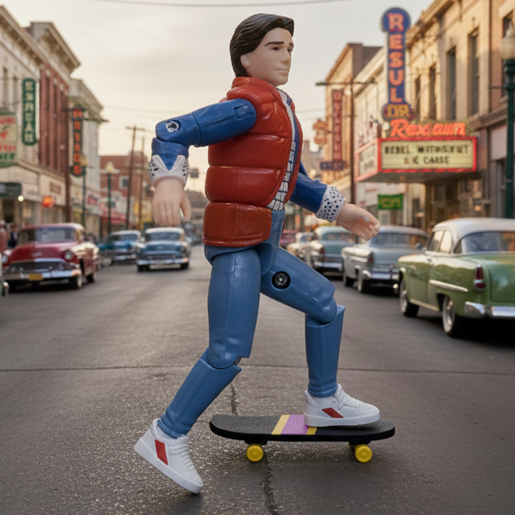 Super7 Marty McFly 1985 figure on skateboard with red vest and blue jeans posed on a vintage street scene background