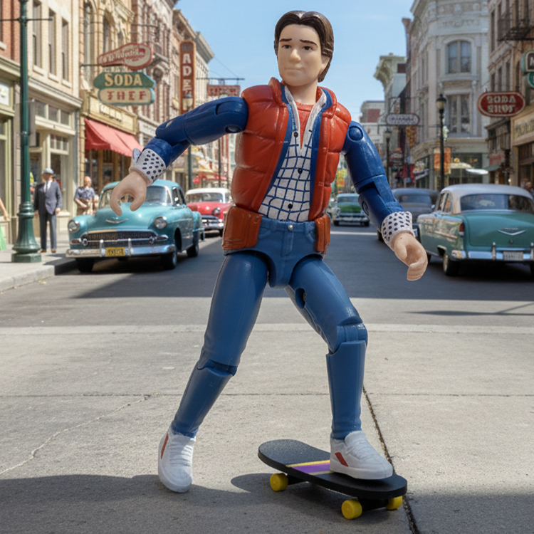 Super7 Back To The Future Marty McFly 1985 figure posed on skateboard in detailed urban street scene background