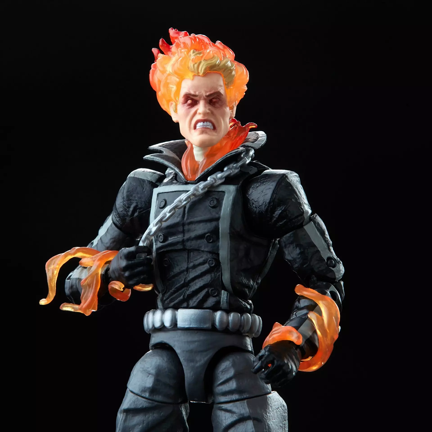 Ghost Rider 1:12 Scale 6" Marvel Legends Retro Cardback Action Figure by Hasbro with fiery translucent flames and chain accessory