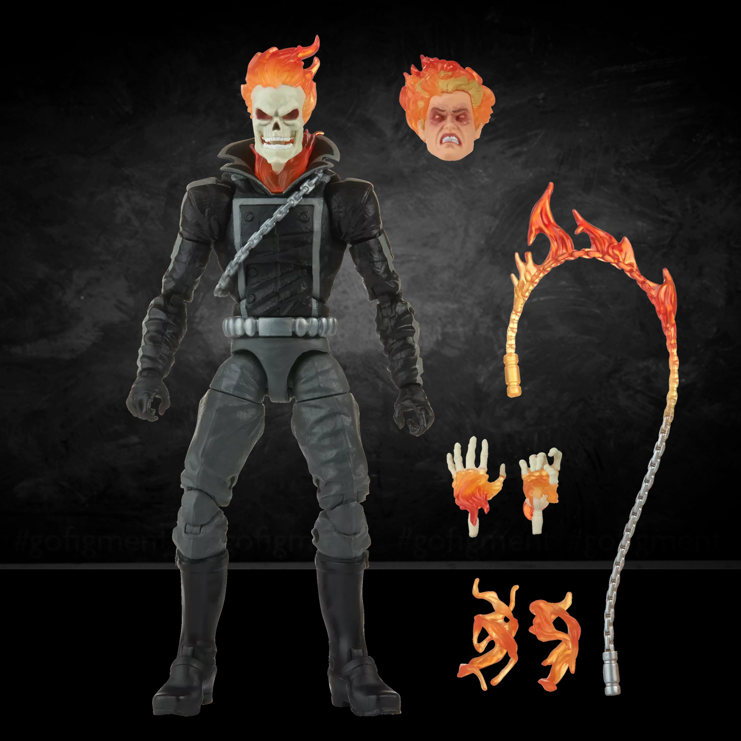 Ghost Rider 1:12 Scale 6" Marvel Legends Retro Cardback Action Figure by Hasbro with flame effects and alternate head and hands