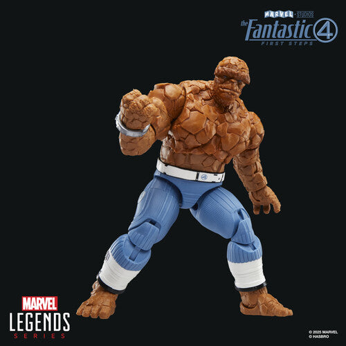 Marvel Legends 6-inch The Thing figure from Fantastic Four First Steps in battle-ready pose wearing blue pants on black background