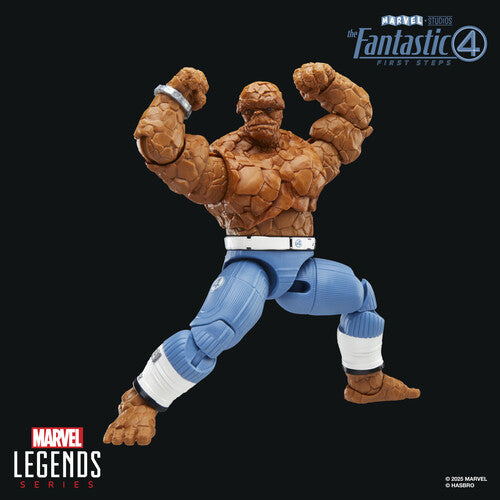 Marvel Legends 6-inch The Thing figure from Fantastic Four First Steps in flexing pose with blue pants on black background