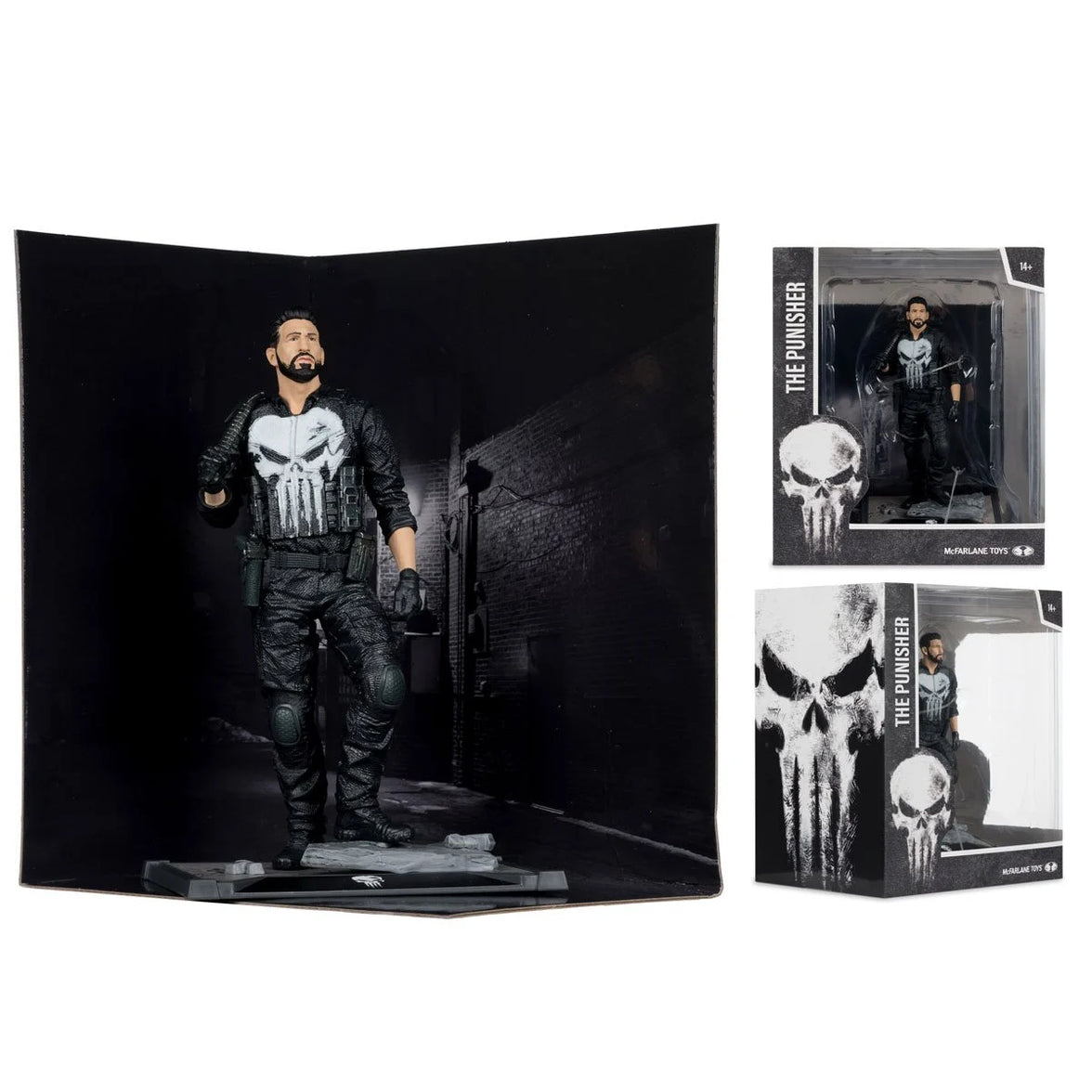 The Punisher - Marvel Studios 1:10 Scale Posed Figure Scene McFarlane Toys by Hasbro with detailed noir backdrop.