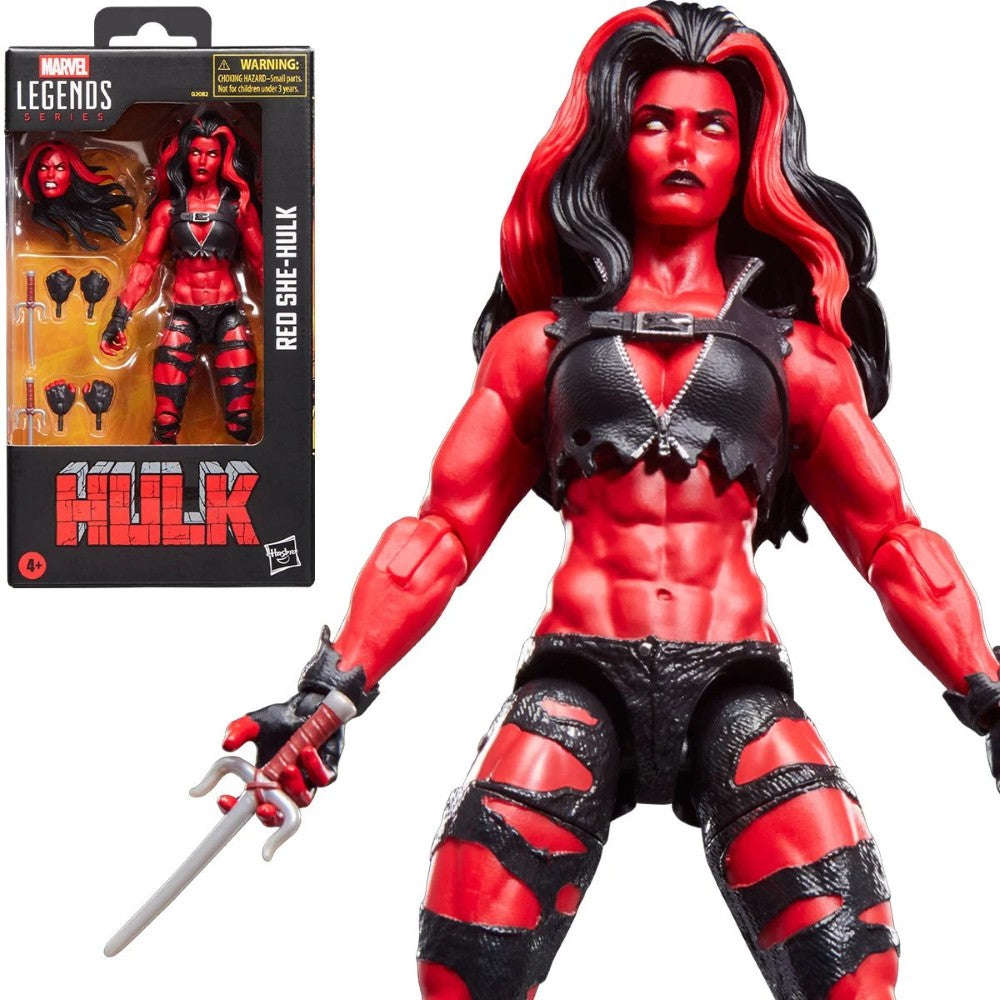 Hasbro Marvel Legends 6-inch Red She-Hulk figure with red muscular body, black torn outfit, extra hands, and weapons in packaging