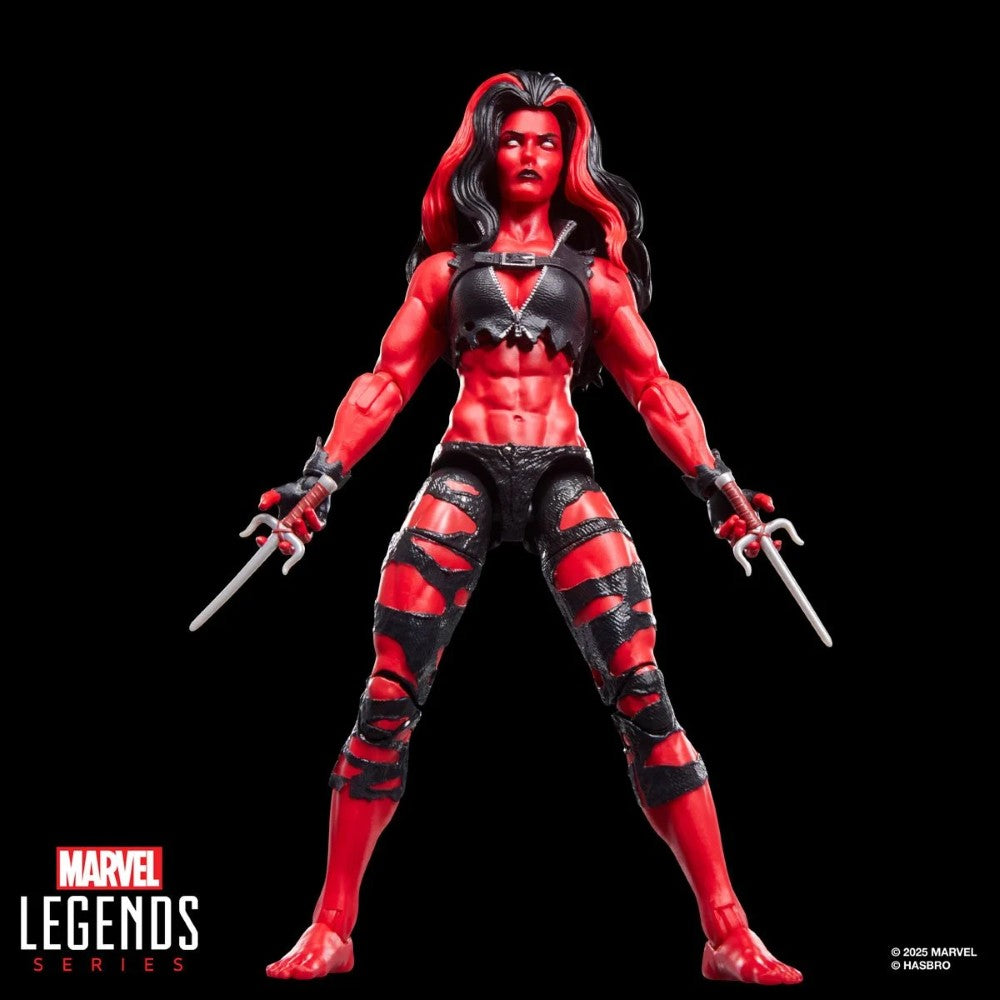 Hasbro Marvel Legends 6-inch Red She-Hulk figure with bright red skin, torn black outfit, and claws on black background