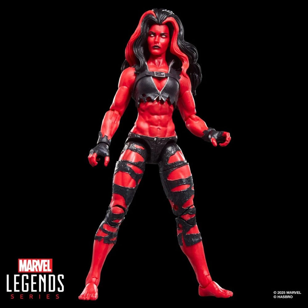 Hasbro Marvel Legends 6-inch Red She-Hulk figure with intense expression and torn black outfit on black background