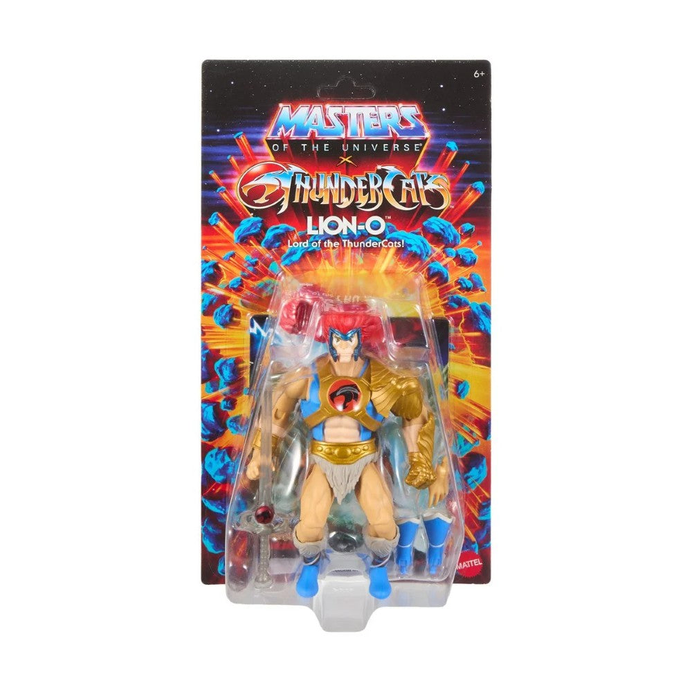 Mattel Masters of the Universe and ThunderCats Lion-O figure in blister pack with accessories on colorful cardback