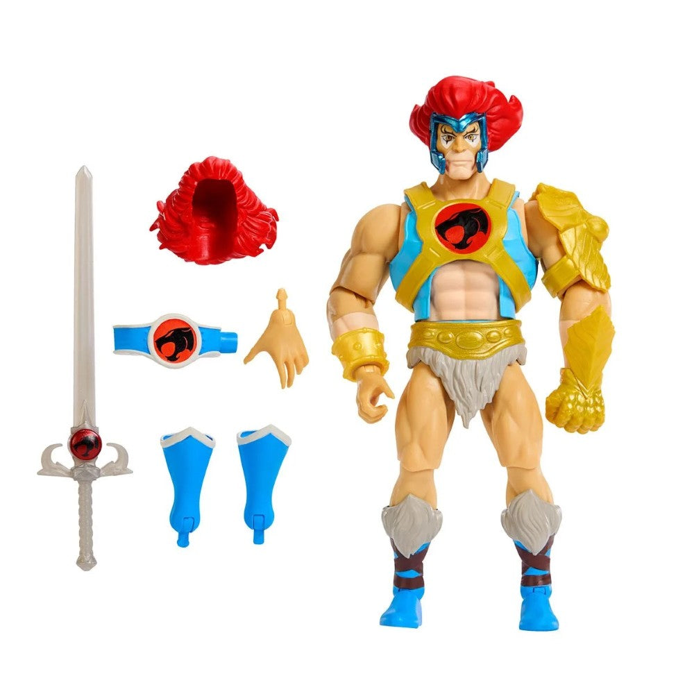 Mattel Lion-O action figure with red hair and gold armor from ThunderCats and Masters of the Universe with accessories